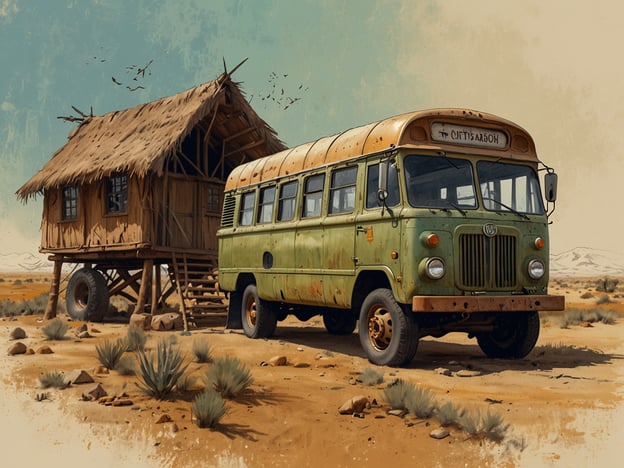 Auf dem Bild ist ein alter, grüner Bus zu sehen, der vor einer kleinen, mit Stroh gedeckten Hütte steht. Die Hütte ist auf Stelzen gebaut und wirkt rustikal, während die Umgebung eine wüstenartige Landschaft mit Sträuchern und Steinen zeigt.Hier sind einige Tipps für eine nachhaltige Reise:1. **Öffentliche Verkehrsmittel nutzen**: Anstatt ein Auto zu mieten, nutze Busse oder Züge, um deinen ökologischen Fußabdruck zu reduzieren.2. **Unterkünfte wählen**: Entscheide dich für umweltfreundliche Unterkünfte, die nachhaltige Praktiken umsetzen, wie zum Beispiel Solaranlagen oder Recyclingprogrammen.3. **Regional essen**: Probiere lokale Küche und unterstütze damit die regionale Wirtschaft und die Landwirtschaft.4. **Plastik vermeiden**: Nimm wiederverwendbare Flaschen und Taschen mit, um den Plastikverbrauch zu reduzieren.5. **Natur respektieren**: Halte dich an gekennzeichnete Wege und respektiere die Tierwelt, um die Umwelt zu schützen.6. **Fahrrad fahren oder wandern**: Erkunde die Umgebung aktiv – das ist nicht nur gesund, sondern auch umweltfreundlich.Durch diese Maßnahmen kannst du deinen Reisegenuss mit einem umweltbewussten Verhalten verbinden.
