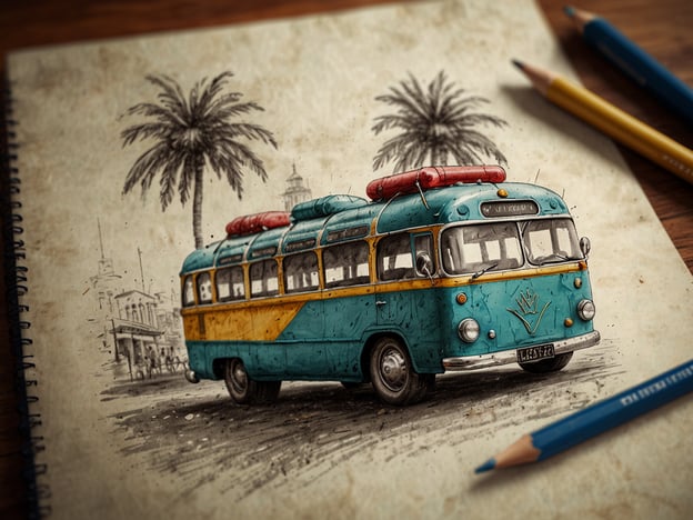 Auf dem Bild ist eine gezeichnete Darstellung eines alten Busses zu sehen, der in leuchtenden Farben (Türkis und Gelb) gestaltet ist. Im Hintergrund erkennt man Palmen und einen historisch anmutenden Gebäudekomplex, der Urlaubsstimmung ausstrahlt.Für Besucher, die an einem ähnlichen Bus oder an vintage Verkehrsmitteln interessiert sind, könnten folgende praktische Informationen nützlich sein:1. **Besucherstandorte**: Prüfen Sie lokale Museen oder Verkehrszentren, die Oldtimer-Busse oder historische Verkehrsmittel ausstellen.2. **Führungen**: Informieren Sie sich über Führungen, die historische Fahrzeuge zeigen oder den Einfluss von Verkehrsmitteln auf die Entwicklung einer Region erklären.3. **Veranstaltungen**: Halten Sie Ausschau nach Veranstaltungen oder Festivals, die sich auf Oldtimer-Fahrzeuge konzentrieren, um solche Busmodelle in der Realität zu erleben.4. **Fotomöglichkeiten**: Achten Sie auf geeignete Fotospots, um besondere Busse und deren Umgebung festzuhalten.5. **Kunst-Workshops**: Einige Orte bieten Kurse an, in denen man lernen kann, solche Illustrationen selbst zu zeichnen oder zu kolorieren.Viel Spaß beim Erkunden und Erleben von nostalgischem Flair und historischer Mobilität!