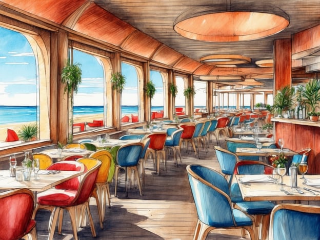 Auf dem Bild ist ein einladendes Restaurant mit Blick auf das Meer zu sehen. Die Einrichtung ist modern und farbenfroh, mit komfortablen Stühlen und großen Fenstern, die viel Licht hereinlassen. Solch eine Atmosphäre könnte perfekt für einen entspannten Abend sein, während man die maritime Umgebung von Pelzerhaken genießt.In Pelzerhaken gibt es eine Vielzahl an gastronomischen Angeboten, die frische Meeresfrüchte und regionale Spezialitäten servieren. Außerdem findet man dort gemütliche Unterkünfte, die sich ideal für einen Urlaub am Strand eignen. Die Kombination aus guter Küche und schöner Landschaft macht Pelzerhaken zu einem beliebten Ziel.