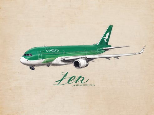 Ein grünes Flugzeug der Airline Aer Lingus schwebt über einem hellen, strukturierten Hintergrund. Die Airline-Kennung ist deutlich sichtbar auf der Seite des Flugzeugs. Die Darstellung ist stilisiert und zeigt das Flugzeug in einer schrägen Ansicht von links. Im unteren Bereich des Bildes steht elegant der Schriftzug "Aer Lingus". Das Bild vermittelt eine festliche Atmosphäre, die an den Weihnachtszauber an Bord mit leckeren Menüs und Klassikern erinnert.