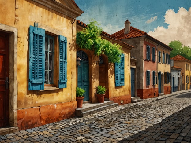 Auf dem Bild ist eine malerische Straßenansicht zu sehen, die an die charmanten Gassen von Paraty erinnert. Die bunten Häuser mit ihren traditionellen blauen Fensterläden und die warmen Gelbtöne der Fassaden strahlen eine einladende Atmosphäre aus. Die gepflasterte Straße aus unregelmäßigen Steinen verleiht dem Bild historischen Charme und erinnert an die Zeiten des Kolonialzeitalters, als Paraty als wichtiger Hafen für den Goldhandel diente.Die üppige grüne Pflanze in einem Blumentopf und das strahlende Blau des Himmels unterstreichen die Schönheit eines sonnigen Tages in dieser zauberhaften Stadt. Paraty, bekannt für seine gut erhaltene Architektur und die malerische Küstenlandschaft, zieht Besucher mit seinem unverwechselbaren Flair an, das Geschichte und Naturschönheit vereint.