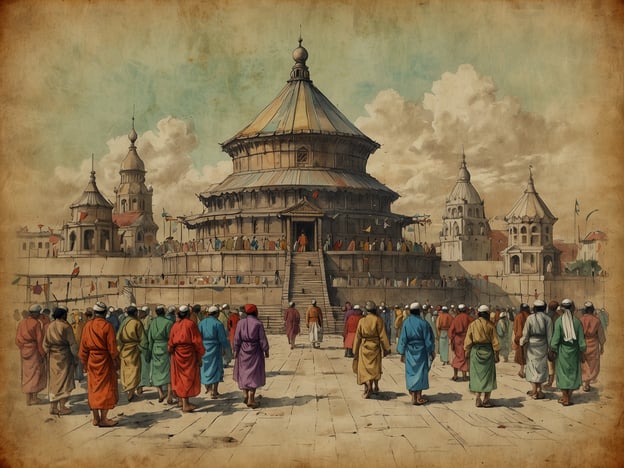 Auf dem Bild ist eine große, architektonisch beeindruckende Tempelanlage zu sehen, die von Menschen in traditioneller Kleidung umgeben ist. Diese Szenerie könnte eine kulturelle Veranstaltung oder ein Fest darstellen, bei dem die Gemeinschaft zusammenkommt, um eine religiöse oder kulturelle Zeremonie zu feiern.Solche Versammlungen sind häufig von Traditionen, Musik und festlichen Elementen geprägt. Sie erinnern an historische Feste, bei denen Menschen aus verschiedenen Regionen zusammenkommen, um ihre Bräuche und Glaubensvorstellungen zu teilen. Es könnte sich um eine Art Pilgerreise oder ein Fest zu Ehren einer Gottheit handeln, was für viele Kulturen ein bedeutendes Ereignis darstellt.