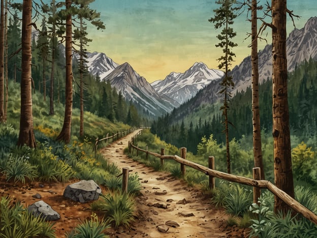 Auf dem Bild ist eine malerische Landschaft zu sehen, die von majestätischen Bergen umgeben ist. Es gibt einen geschwungenen Wanderweg, der durch einen dichten Wald mit hohen Bäumen führt. Die Atmosphäre ist friedlich und einladend, perfekt für Entdecker und Abenteurer.Hier sind einige Aktivitäten für Entdecker:1. **Wandern**: Nutze den Wanderweg, um die Schönheit der Natur zu erkunden und die frische Luft zu genießen.2. **Fotografie**: Halte die atemberaubenden Ausblicke und die Farben der Natur mit deiner Kamera fest.3. **Vogelbeobachtung**: Achte auf verschiedene Vogelarten, die in den Bäumen nisten oder über die Wiesen fliegen.4. **Pflanzenkunde**: Erkunde die einheimische Flora und lerne mehr über die verschiedenen Pflanzen, die in diesem Gebiet wachsen.5. **Picknick**: Suche dir einen schönen Platz am Wegesrand für ein entspanntes Picknick mit Freunden oder Familie.Diese Aktivitäten laden ein, die Umgebung intensiver zu erleben und die Natur zu genießen!