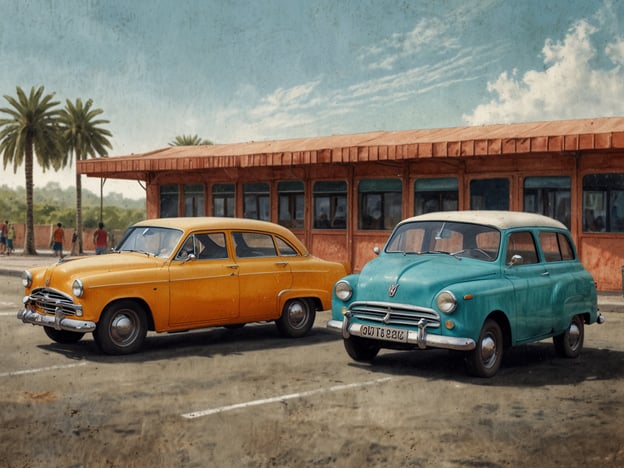 Auf dem Bild sind zwei klassische Autos zu sehen, eines in Gelb und das andere in Türkis, die vor einem Gebäude mit Fenstern und einem cremefarbenen Dach geparkt sind. Im Hintergrund sind Palmen und einige Personen zu sehen.Die beste Reisezeit für einen Besuch eines solchen Ortes, der an ein warmes, sonniges Klima erinnert, wäre wahrscheinlich zwischen Frühling und Herbst, wenn das Wetter mild bis warm und die Umgebung einladend ist.