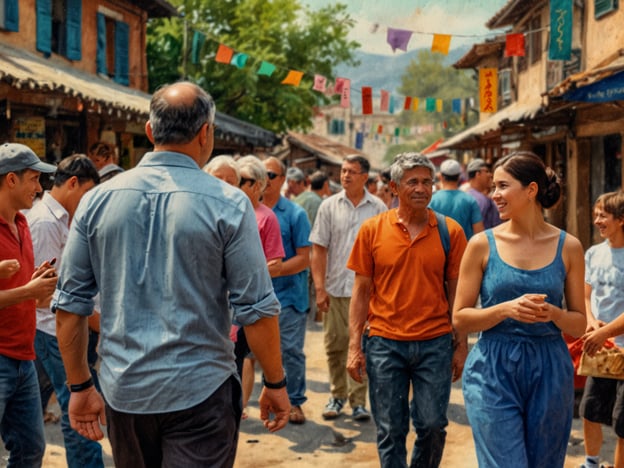Auf dem Bild ist eine lebhafte Szenerie in einem Marktplatz oder auf einer belebten Straße zu sehen, wo sich viele Menschen versammelt haben. Die Atmosphäre wirkt freundlich und gesellig. Die Anordnung der bunten Wimpel, die über die Straße hängen, deutet darauf hin, dass möglicherweise ein Fest oder eine kulturelle Veranstaltung stattfindet.Die Menschen scheinen eine Mischung aus Einheimischen und möglicherweise Touristen zu sein, die miteinander kommunizieren und die Umgebung genießen. Dies spiegelt oft den Lebensstil vieler Orte wider, wo Gemeinschaft und soziale Interaktion eine zentrale Rolle spielen. Die Kleidung der Personen zeigt eine lockere, informelle Stilrichtung, die typischerweise in wärmeren Klimazonen getragen wird.Auf Märkten wie diesem sind häufig traditionelle Produkte, Kunsthandwerk und lokale Spezialitäten zu finden, was die Kultur und das Erbe der Region betont. Solche Orte sind nicht nur Handelszentren, sondern auch Räume, in denen Traditionen lebendig gehalten werden und soziale Beziehungen gefestigt werden.