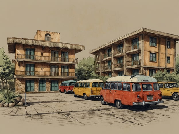 Auf dem Bild ist eine Szenerie mit zwei mehrstöckigen Gebäuden zu sehen, die wahrscheinlich als Unterkünfte dienen, sowie mehreren bunten Oldtimer-Bussen und Autos auf dem Parkplatz. Die Architektur wirkt rustikal und einladend, was auf eine entspannte Urlaubsatmosphäre hindeutet.**Anreise:** Um zu diesem Ort zu gelangen, wäre eine Anfahrt mit dem Auto eine gute Möglichkeit, besonders wenn man die umliegende Landschaft erkunden möchte. Alternativ gibt es möglicherweise öffentliche Verkehrsmittel oder Shuttle-Dienste von nahegelegenen Städten.**Unterkunftsmöglichkeiten:** Die Gebäude scheinen Hotel- oder Motelunterkünfte anzubieten, ideal für Reisende, die eine komfortable Übernachtungsmöglichkeit suchen. Gäste könnten von Annehmlichkeiten wie Balkonen oder einer angenehmen Atmosphäre profitieren.