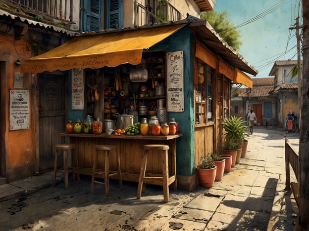 Auf dem Bild ist ein kleines, lebhaftes Straßencafé oder eine Marktstand zu sehen, das/gemütlich wirkt, mit bunten Früchten und Gemüsesorten, die auf einem Holztisch ausgestellt sind. Die Umgebung hat eine charmante, koloniale Architektur, typisch für São Luís.In São Luís kann man viele kulinarische Entdeckungen machen. Die Stadt ist bekannt für ihre vielfältige Küche, die von indigenen, afrikanischen und europäischen Einflüssen geprägt ist. Gerichte wie „Unha de Gato“ (Krabben in einer würzigen Sauce) und „Arroz de Cuxá“ (Reis mit Kräutern) sind lokale Spezialitäten, die man unbedingt probieren sollte. Die lebendige Atmosphäre und die frischen Zutaten, die auf Märkten angeboten werden, tragen zur gastronomischen Vielfalt der Region bei.