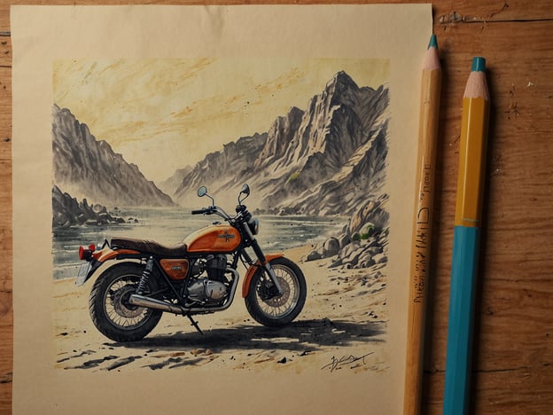 Auf dem Bild ist eine liebevoll gezeichnete Illustration eines Motorrads zu sehen, das an einem ruhigen Flussufer steht, umgeben von beeindruckenden Berglandschaften. Diese Darstellung könnte verschiedene Aktivitäten anregen:1. **Motorradfahren**: Die Bildszene lädt ein, eine Motorradtour in die Natur zu planen und die Freiheit der offenen Straße zu genießen.2. **Kunst und Malerei**: Die gezeichneten Details könnten inspirieren, selbst kreativ zu werden und Landschaften oder Fahrzeuge zu zeichnen.3. **Wandern**: Die Hintergrundberge und die natürliche Umgebung bieten den perfekten Anlass für eine Wanderung oder einen Spaziergang in der Natur.4. **Fotografie**: Die malerische Umgebung ist ein idealer Ort für einen Fotoausflug, um die Schönheit der Landschaft festzuhalten.5. **Picknick**: Das friedliche Ambiente lädt dazu ein, ein Picknick am Ufer des Flusses zu genießen und die Natur zu genießen.Diese Aktivitäten bieten für jeden etwas und sind ideal, um die Verbindung zur Natur und zur Kreativität zu fördern.