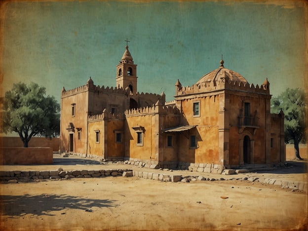 Auf dem Bild ist ein historisches Gebäude zu sehen, das architektonische Merkmale aufweist, die typisch für koloniale oder traditionelle Bauweisen sind. Die Verwendung von warmen, erdigen Farben und die dicken Mauern könnten auf eine Region hindeuten, die heißen Klimata ausgesetzt ist, möglicherweise in Afrika oder Lateinamerika.Die Struktur dürfte einen kulturellen Einfluss der spanischen oder portugiesischen Kolonialarchitektur zeigen, erkennbar an der Mischung von praktischen Elementen und dekorativen Details wie den Zinnen und dem Kirchturm. Solche Gebäude spielen oft eine zentrale Rolle im sozialen und religiösen Leben der Gemeinschaft, wobei die Kirche ein Ort der Zusammenkunft und der spirituellen Praxis darstellt.In ländlichen Gegenden können ähnliche Bauweisen die lokalen Lebensweisen widerspiegeln, indem sie Materialien verwenden, die durch die Umgebung bereitgestellt werden, und dabei zugleich eine Mischung aus Tradition und Anpassung an die klimatischen Bedingungen bieten. Die umgebende Landschaft, die eventuell trockene Erde und vereinzelte Bäume zeigt, könnte die Bedeutung von Wasserressourcen und landwirtschaftlichen Praktiken in der Region unterstreichen.