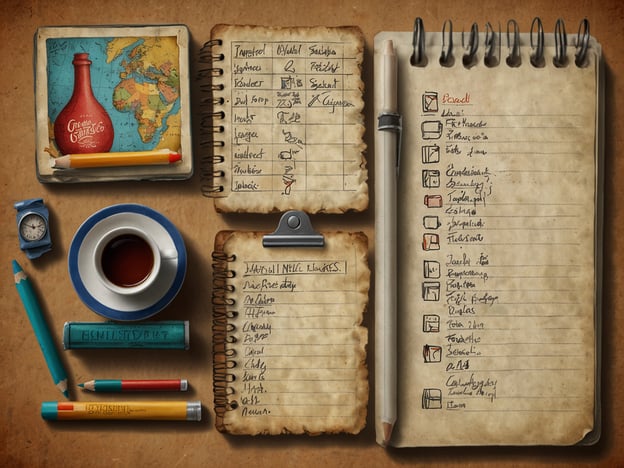 Auf dem Bild sind verschiedene Reiseutensilien und Notizen zu sehen. Es gibt eine Landkarte, ein Notizbuch mit Listen, eine Tasse Kaffee und einige Schreibutensilien. Hier sind praktische Reisetipps, die dir während deines Aufenthalts helfen können:1. **Packliste erstellen**: Nutze die Notizen, um eine persönliche Packliste zu erstellen. Notiere dir essentielle Dinge, die du nicht vergessen möchtest.2. **Reiseziele planen**: Halte wichtige Sehenswürdigkeiten oder Restaurants in deinem Notizbuch fest, um Zeit zu sparen und das Beste aus deinem Aufenthalt herauszuholen.3. **Sprache lernen**: Wenn du ins Ausland reist, ist es hilfreich, ein paar grundlegende Wörter und Sätze in der Landessprache zu lernen.4. **Karten und Apps**: Verwende eine Landkarte oder entsprechende Apps auf deinem Handy, um dich besser zurechtzufinden.5. **Zeitmanagement**: Plane deinen Tag im Voraus, damit du ausreichend Zeit für alle Aktivitäten und eine entspannte Pause hast.6. **Genieße lokale Spezialitäten**: Nutze die Gelegenheit, regionale Gerichte zu probieren – egal ob in Restaurants oder auf Märkten.Viel Spaß bei deiner Reise!