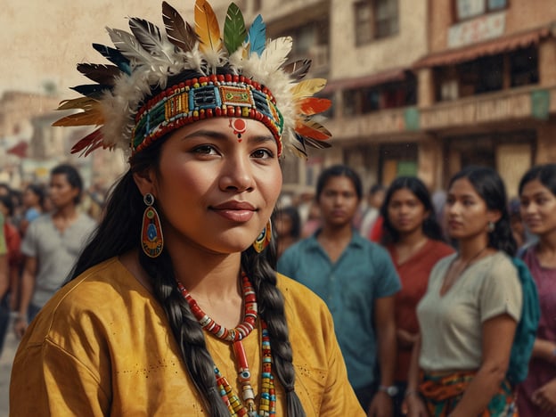 Auf dem Bild ist eine junge Frau mit traditioneller indigenen Kleidung und Accessoires zu sehen, die stolz eine kunstvoll gestaltete Federhaube trägt. Ihr Gesichtsausdruck strahlt Selbstbewusstsein und kulturelle Identität aus. Im Hintergrund sind weitere Menschen zu sehen, die anscheinend an einem Fest oder einer Versammlung teilnehmen.In Rio Branco, der Hauptstadt des Bundesstaates Acre in Brasilien, spiegelt sich die kulturelle Vielfalt in ähnlichen Festen wider, wo indigene Traditionen und Bräuche gefeiert werden. Diese Veranstaltungen fördern den Austausch zwischen verschiedenen Kulturen und stärken das Bewusstsein für die indigenen Gemeinschaften und deren Rechte.