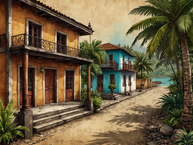 Das Bild zeigt eine malerische Straße in Ilhéus, Brasilien, mit zwei auffälligen Häusern. Auf der linken Seite befindet sich ein gelbes Gebäude mit einem Balkon und attraktiven Fenstern, während das rechte Haus in einem hellen Blau gestrichen ist und ebenfalls einen Balkon hat. Umgeben sind die Häuser von üppigem Grün und Palmen, die für das tropische Flair der Region typisch sind. Im Hintergrund ist das Meer zu sehen, was die maritime Atmosphäre von Ilhéus unterstreicht.Diese Szenerie spiegelt die kulturellen Highlights der Stadt wider, die für ihre koloniale Architektur und natürliche Schönheit bekannt ist.