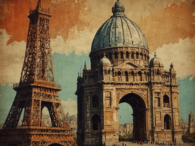 Auf dem Bild sind mehrere ikonische Sehenswürdigkeiten zu sehen, die man nicht verpassen sollte. Der Eiffelturm, ein Symbol von Paris, ist auf der linken Seite abgebildet. Er bietet einen atemberaubenden Blick über die Stadt und ist besonders bei Sonnenuntergang ein Highlight.Rechts daneben scheint eine monumentale Architektur zu sein, möglicherweise inspiriert von prunkvollen Bauwerken wie dem Arc de Triomphe oder der Basilika St. Peter in Rom. Sowohl die beeindruckenden Details als auch die majestätische Kuppel machen diese Stätte zu einem Muss.Zusammen bilden sie eine faszinierende Kulisse, die den Charme und die Schönheit europäischer Architektur verkörpert.