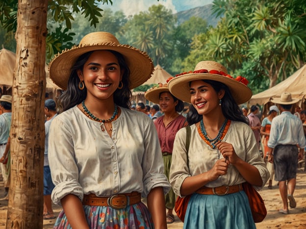 Auf dem Bild sind zwei Frauen zu sehen, die traditionelle Kleidung tragen und fröhlich aussehen. Sie sind wahrscheinlich auf einem Markt oder einem Fest in Canela, Brasilien, wo oft kulturelle Feste gefeiert werden.In Canela finden regelmäßig Feste statt, wie das "Festa de Flores", das die lokale Flora würdigt, oder das "Natal Luz", ein spektakuläres Weihnachtsfest mit Lichtern und Musik. Diese Veranstaltungen fördern die Gemeinschaft und feiern die regionalen Traditionen, oft begleitet von typischer Musik, Tanz und kulinarischen Spezialitäten. Die Frauen auf dem Bild könnten Teil einer Feier sein, wo lokale Bräuche und die Schönheit der Umgebung zelebriert werden.