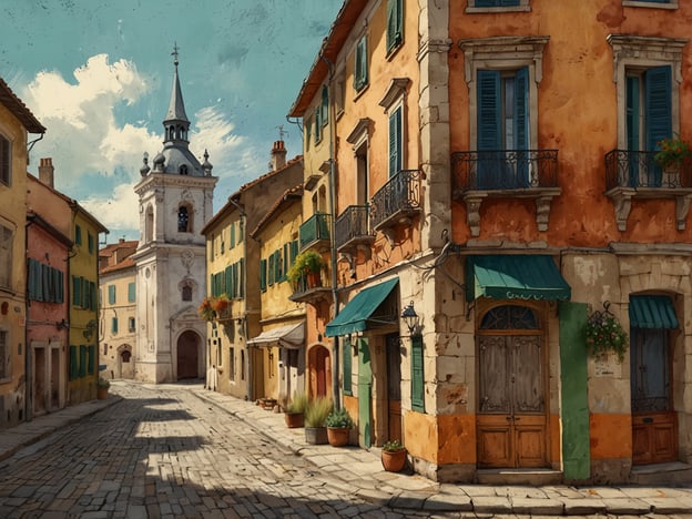 Auf dem Bild entfaltet sich ein malerisches europäisches Dorf, das mit einem charmanten, mediterranen Flair verzaubert. Die Straßen sind mit unebenen Steinen gepflastert, die Geschichten von vergangenen Zeiten erzählen. Umgeben von zauberhaften, farbenfrohen Häusern in warmen Erdtönen - das Gelb und Orange harmonieren perfekt mit den tiefgrünen Fensterläden und den üppigen Blumenkästen, die die Fassaden schmücken.Im Hintergrund erhebt sich eine anmutige Kirche mit einem eleganten, spitzen Kirchturm. Ihr schlichtes, aber beeindruckendes Design fügt sich ideal in die Umgebung ein und scheint die gesamte Szenerie zu bewachen. Die sanfte Beleuchtung und die Wolken am Himmel verleihen dem Bild eine fast nostalgische Stimmung, als ob die Zeit stillgestanden wäre.Hier ist jeder Schritt auf der Straße ein Aufruf, das Leben in vollen Zügen zu genießen. Man könnte sich leicht vorstellen, bei einem Glas Wein an einem der Tische draußen zu sitzen, während die Sonne langsam am Horizont untergeht und die Atmosphäre mit einem goldenen Schimmer erfüllt. Ein Ort, der das Herz höher schlagen lässt und die Seele berührt!