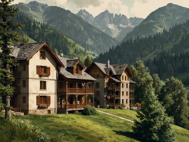 Auf dem Bild sind malerische, berghäusersimilar Gebäude in einer grünen Landschaft mit Bergen im Hintergrund zu sehen.In Gramado, Brasilien, gibt es viele einzigartige Attraktionen, die ebenfalls für ihre Schönheit und ihren Charakter bekannt sind, wie zum Beispiel das Mini Mundo, ein Miniaturpark, der kunstvoll Nachbildungen bekannter Gebäude zeigt, oder die malerischen Seen wie den Lago Negro, die von einer atemberaubenden Berglandschaft umgeben sind. Auch die Weihnachtsmärkte in Gramado ziehen viele Besucher an und bieten ein zauberhaftes Ambiente, ähnlich der Atmosphäre, die auf dem Bild vermittelt wird.
