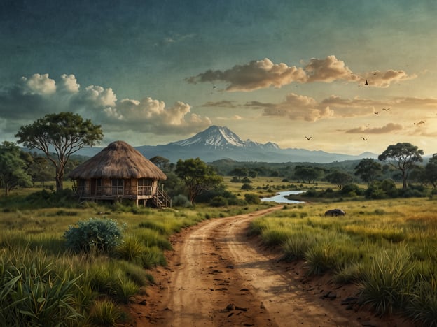 Auf dem Bild ist eine malerische Landschaft zu sehen, die durch ihre natürliche Schönheit besticht. Im Vordergrund befindet sich ein schmaler, erdiger Weg, der an verschiedenen grünen Pflanzen und Büschen vorbeiführt. Auf der linken Seite steht eine traditionelle, strohgedeckte Hütte, die harmonisch in die Umgebung integriert ist.Im Hintergrund erhebt sich ein majestätischer Berg, möglicherweise ein erloschener Vulkan, der von einer malerischen Wolkenformation umgeben ist. Die sanften Hügel und die weitläufige Savanne sind ideale Lebensräume für viele Tierarten und können gut in Naturschutzgebieten entdeckt werden.Die Szenerie könnte in einem Gebiet auftreten, das für seine ökologischen Highlights bekannt ist, wie z.B. in den Landschaften Ostafrikas, wo viele Naturschutzparks, wie der Serengeti-Nationalpark, Schutz für heimische Flora und Fauna bieten. Vogelschwärme fliegen am Himmel und unterstreichen die Biodiversität des Gebiets. Diese Landschaft stellt eine wichtige Verbindung zur Natur dar und zeigt, wie Mensch und Umwelt harmonisch koexistieren können.