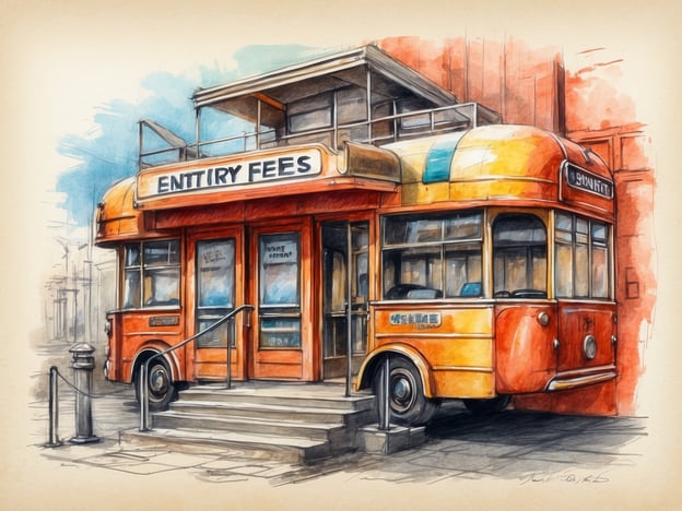 Auf dem Bild ist ein farbenfrohes, nostalgisches Straßenbahnfahrzeug zu sehen, das als Kiosk oder Informationsstand dient. Es hat große Fenster und ist mit dem Schriftzug „ENTRITY FEES“ versehen.Zu den Eintrittspreisen und Öffnungszeiten kann ich keine genauen Informationen geben, da diese Details im Bild nicht ersichtlich sind. Typischerweise könnten solche Stände jedoch Informationen zu Preisen und Öffnungszeiten für eine Veranstaltung oder Attraktion bieten.