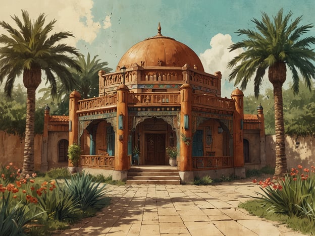 Auf dem Bild ist ein historisch anmutendes Gebäude mit einer charakteristischen Kuppel und einem von Palmen umgebenen Garten zu sehen. Die Architektur könnte auf einen orientalischen oder mediterranen Einfluss hindeuten, was durch die leuchtenden Farben und die dekorativen Elemente verstärkt wird.Parks und Gärten zählen zu den wichtigsten kulturellen Räumen, da sie nicht nur Rückzugsorte für Erholung bieten, sondern auch soziale, religiöse und künstlerische Aktivitäten fördern. Sie dienen als Orte der Begegnung und des Austauschs, in denen Menschen verschiedenen Alters und Herkunft zusammenkommen. Darüber hinaus sind sie oft eng mit der Geschichte und Identität einer Gemeinschaft verbunden, was sie zu bedeutenden kulturellen Symbolen macht.In vielen Kulturen werden Gartenanlagen auch als Orte der Ruhe und der Spiritualität betrachtet, was ihrer Wichtigkeit in der Gesellschaft zusätzlich betont.