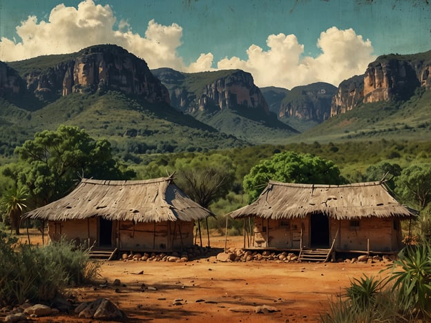 Auf dem Bild sind zwei traditionelle Hütten zu sehen, umgeben von einer beeindruckenden Landschaft mit Bergen und Bäumen im Hintergrund. Diese Art von Architektur spiegelt die Lebensweise der Menschen in der Chapada da Diamantina wider, einer Region in Brasilien, die für ihre natürliche Schönheit und kulturelle Vielfalt bekannt ist.Die Hütten sind aus natürlichen Materialien wie Holz und Palmblätter gebaut, was typisch für die lokale Bauweise ist. Diese Bauweise ist nicht nur praktisch, sondern zeigt auch den engen Bezug der Bewohner zur Natur. Die Chapada ist reich an natürlichem Erbe und hat eine starke Verbindung zu den indigenen Völkern, deren Traditionen und Praktiken bis heute einen wichtigen Einfluss auf die Kultur der Region haben.Darüber hinaus ist die Chapada für ihre vielfältige Flora und Fauna bekannt, oft als ein Ort für Ökotourismus angesehen, der die natürliche Schönheit und kulturelle Authentizität der Region fördert. Die atemberaubenden Felsformationen und klaren Himmel sind weitere charakteristische Merkmale dieser Region.