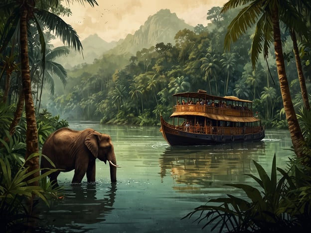 Auf dem Bild ist eine malerische Dschungellandschaft zu sehen, die einen breiten Fluss zeigt, an dem ein Elefant im Wasser steht. Im Hintergrund sieht man dichte, grüne Wälder und Berge. Ein traditionelles Boot mit Touristen fährt auf dem Fluss.In der Umgebung von Santarém gibt es zahlreiche Unternehmungen im Dschungel, wie geführte Bootsfahrten, Vogelbeobachtungen und Wanderungen durch den Urwald. Besucher können die beeindruckende Flora und Fauna erleben, lokale Gemeinden besuchen oder an nachhaltigen Touren teilnehmen, die die Schönheit und Biodiversität des Amazonasgebiets betonen. Solche Aktivitäten bieten ein einzigartiges Erlebnis für Naturliebhaber und Abenteuerlustige.