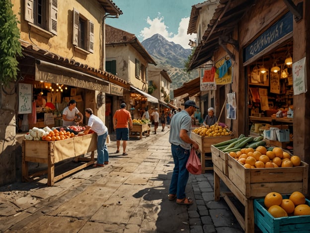 Auf dem Bild ist eine belebte Marktszene in einer malerischen Straße zu sehen. Die Atmosphäre ist lebhaft, mit verschiedenen Ständen, die frisches Obst und Gemüse anbieten. Menschen schlendern durch die Gassen, einige schauen sich die Waren an, während andere miteinander ins Gespräch vertieft sind.Vor Ort könnten Besucher die frischen Produkte probieren, lokale Spezialitäten erwerben oder einfach das bunte Treiben und die freundliche Atmosphäre genießen. Vielleicht gibt es auch die Möglichkeit, mit den Verkäufern zu plaudern und mehr über die Herkunft der Waren zu erfahren. Zudem könnte man die umliegende Landschaft mit den Bergen im Hintergrund bewundern. Solche Märkte bieten oft auch Einblicke in die Kultur und das tägliche Leben der Einheimischen, was das Erlebnis noch bereichernder macht.