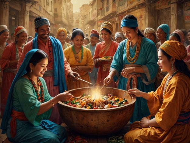 Auf dem Bild sind mehrere Frauen und Männer in traditioneller Kleidung zu sehen, die zusammen an einem großen Holztopf arbeiten, wahrscheinlich beim Zubereiten von Essen oder einer Art Festmahl. Die bunte Kleidung deutet auf eine feierliche oder gemeinschaftliche Atmosphäre hin, die in vielen Kulturen, insbesondere in asiatischen, geschätzt wird.In vielen asiatischen Ländern, einschließlich Indien und Nepal, spielt das gemeinsame Essen eine zentrale Rolle in der Kultur. Solche Zusammenkünfte können Teil von Festlichkeiten wie Hochzeiten, religiösen Zeremonien oder Erntefesten sein, wo Familie und Freunde zusammenkommen, um Gemeinschaft zu feiern und leckere Speisen zu genießen. Die Verwendung frischer Zutaten, wie sie im Bild angedeutet wird, ist ebenfalls ein wichtiger Aspekt der regionalen Küche und Traditionen, die oft von Generation zu Generation weitergegeben werden.Das Bild vermittelt ein Gefühl von Zusammengehörigkeit und kulturellem Austausch, was ein wesentlicher Bestandteil des sozialen Lebens in vielen Städten der Region ist.