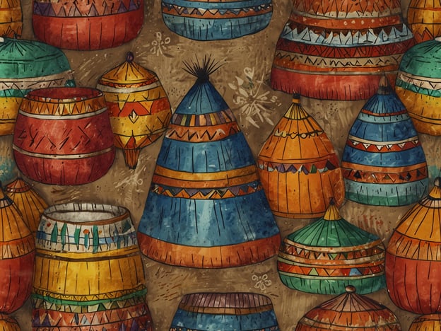 Auf dem Bild sind verschiedene traditionelle Gegenstände zu sehen, die an kunstvoll gestaltete Töpfe und Hüte erinnern. Diese bunten Objekte könnten typisch für die Kunsthandwerk-Traditionen indigener Völker sein, insbesondere in Regionen wie Zentralasien oder Afrika, wo solche Muster und Formen häufig anzutreffen sind.Die leuchtenden Farben und geometrischen Muster spiegeln oft die kulturelle Identität und die handwerklichen Fähigkeiten der jeweiligen Gemeinschaft wider. Solche Gegenstände haben nicht nur praktische Anwendungen, sondern sind auch Teil von festlichen Traditionen und Zeremonien. In vielen Kulturen werden sie bei besonderen Anlässen verwendet, sei es bei Hochzeiten, Tänzen oder anderen gemeinschaftlichen Feierlichkeiten.Diese Kunstwerke sind daher nicht nur Gebrauchsgegenstände, sondern auch Ausdruck von Geschichte, Identität und Gemeinschaft.