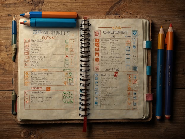 Auf dem Bild ist ein offenes Notizbuch zu sehen, das verschiedene Listen und Informationen enthält. Es scheint, als ob es sich um einen Reiseplan oder eine Art Checkliste handelt, möglicherweise für verschiedene Aktivitäten oder Orte zu besuchen. Oben sind Buntstifte und Marker abgelegt, was darauf hindeutet, dass jemand sich aktiv Notizen macht oder plant.**Praktische Tipps für deinen Besuch:**1. **Notizen machen:** Nutze ein ähnliches Notizbuch, um wichtige Informationen und Erlebnisse festzuhalten.2. **Planung:** Erstelle eine Checkliste wie auf dem Bild, um sicherzustellen, dass du keine wichtigen Sehenswürdigkeiten verpasst.3. **Farbcodierung:** Verwende unterschiedliche Farben für verschiedene Kategorien, um deine Notizen übersichtlicher zu gestalten.4. **Flexibilität:** Sei bereit, deinen Plan anzupassen, wenn du neue, interessante Orte entdeckst.5. **Verfügbarkeit prüfen:** Informiere dich im Voraus über Öffnungszeiten und mögliche Reservierungen.