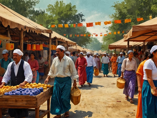 Auf dem Bild ist ein lebhafter Markt zu sehen, der von Menschen besucht wird, die frische Früchte und Waren kaufen und verkaufen. Die Atmosphäre scheint festlich zu sein, was durch bunte Girlanden und die traditionelle Kleidung der Marktbesucher verstärkt wird.Solche Märkte sind oft wichtige kulturelle Highlights in vielen Städten, wo lokale Produkte und Handwerkskunst angeboten werden. In vielen Regionen finden saisonale Märkte oder Feste statt, die das Gemeinschaftsgefühl stärken und lokale Traditionen feiern. Diese Veranstaltungen sind häufig von Musik, Tanz und kulinarischen Köstlichkeiten begleitet.Falls das Bild eine spezifische Region darstellt, könnten beispielsweise lokale Feste wie Erntefeste oder kulturelle Veranstaltungen eine zentrale Rolle spielen und Touristen anziehen, die die authentische Kultur erleben möchten.