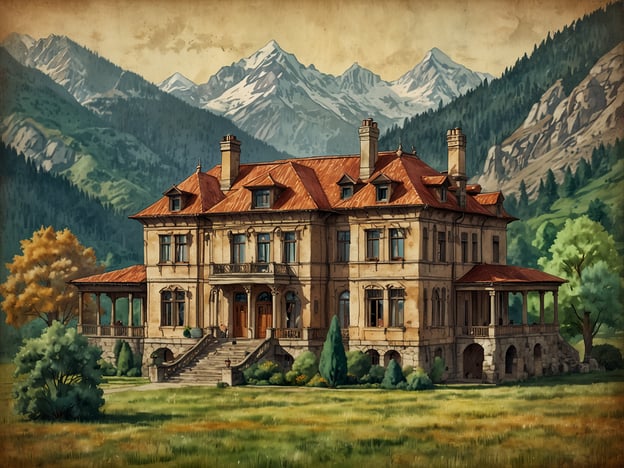 Auf dem Bild ist eine prächtige Villa zu sehen, die von der Architektur und Kultur im Herzen Petrópolis inspiriert sein könnte. Die Gebäude zeichnen sich durch elegante Details und einen charmanten Stil aus, der typisch für die Zeit der brasilianischen Monarchie ist.Die Villa hat ein markantes Satteldach, große Fenster und eine Veranda, die oft in Stadtlandschaften von Petrópolis zu finden sind. Umgeben von einer malerischen Landschaft, die von Bergen und Bäumen geprägt ist, spiegelt das Haus die harmonische Verbindung zwischen Natur und Architektur wider, die in dieser Region sehr ausgeprägt ist.Insgesamt vermittelt das Bild ein Gefühl von historischem Erbe und der kulturellen Identität Petrópolis, die sich in den vielen gut erhaltenen Bauten der Stadt niederschlägt.