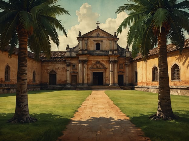 Auf dem Bild ist eine historische Architektur zu sehen, die möglicherweise an die Jesuitenmissionen in Brasilien erinnert. Diese Missionen, die im 17. und 18. Jahrhundert tätig waren, spielten eine bedeutende Rolle in der Christianisierung und der kulturellen Integration der indigenen Bevölkerung.Die Jesuiten bauten viele Kirchen und missionarische Siedlungen, von denen einige aus der Zeit stammen, als sie versuchten, die einheimischen Völker zu evangelisieren und zu schützen. Die Architektur ist oft gekennzeichnet durch einen kolonialen Stil, der Elemente des Barock und der lokalen Bauweise kombiniert, was sich in den Rundbögen, der Fassade und der Gesamtkomposition des Gebäudes widerspiegelt.Die Palmen und der gepflegte Garten könnten darauf hinweisen, dass dieser Ort eine ruhige und spirituelle Atmosphäre bietet, ähnlich wie viele der Jesuitenmissionen in ihrer Blütezeit.