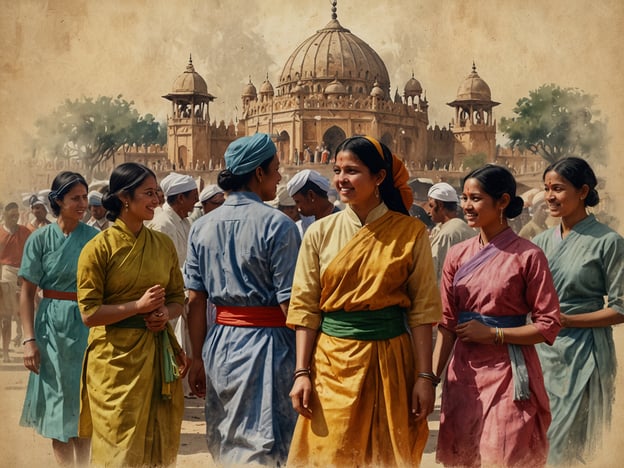 Auf dem Bild sind mehrere Frauen und Männer in traditioneller indischer Kleidung zu sehen, die wahrscheinlich an einem Fest oder einer kulturellen Veranstaltung teilnehmen. Die Frauen tragen farbenfrohe Sarees oder ähnliche Gewänder, die typisch für viele Regionen Indiens sind, und die Vielfalt der Farben spiegelt die Fröhlichkeit solcher Anlässe wider.Im Hintergrund ist ein prächtiges Gebäude zu sehen, das einer historischen Festung oder einem Palast ähnelt, was für viele indische Städte charakteristisch ist. Solche Architektur ist oft mit reich verzierten Details und hohen Türmen ausgestattet und zeugt von der reichen Geschichte und kulturellen Traditionen Indiens.Die Szene vermittelt ein Gefühl von Gemeinschaft und Feierlichkeit, typisch für indische Festivals, bei denen Menschen zusammenkommen, um zu tanzen, zu singen und kulturelle Bräuche zu pflegen. Traditionelle Anlässe werden oft von Musik und Tanz begleitet, und die Kleidung spielt eine zentrale Rolle bei der Feier kultureller Identität.