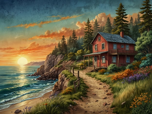 Auf dem Bild ist eine malerische Küstenlandschaft mit einem roten Holzhaus zu sehen. Neben dem Haus erstreckt sich ein Weg, der durch blühende Wiesen und hohe Bäume führt. Im Hintergrund geht die Sonne unter und färbt den Himmel in warmen Farben.Abseits des Surfens könnte man hier Aktivitäten wie Wandern auf den nahegelegenen Trails, Vogelbeobachtung in den Wäldern oder einfach eine entspannte Zeit im Garten mit Lesen oder Picknicken genießen. Auch das Fotografieren der atemberaubenden Landschaft wäre eine schöne Möglichkeit, die Umgebung zu erleben.