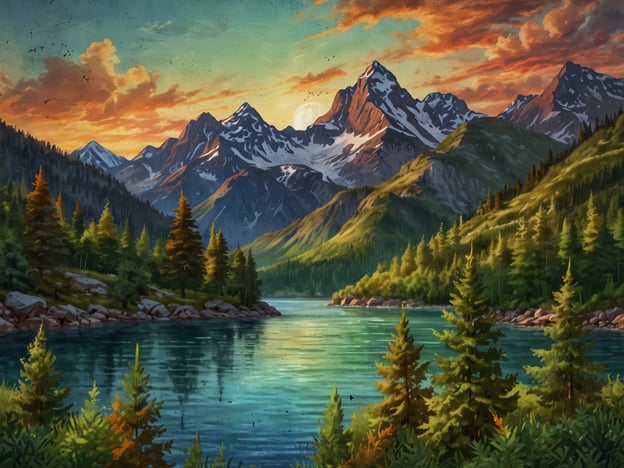 Auf dem Bild ist eine malerische Landschaft zu sehen. Die natürliche Schönheit der Umgebung zeigt majestätische Berge mit schneebedeckten Gipfeln, die im warmen Licht eines Sonnenuntergangs erstrahlen. Ein ruhiger See spiegelt das Farbenspiel des Himmels wider, während üppige, grüne Wälder und vereinzelte Felsen das Ufer säumen. Vögel sind am Himmel zu sehen, und die Atmosphäre vermittelt eine friedliche Harmonie mit der Natur.