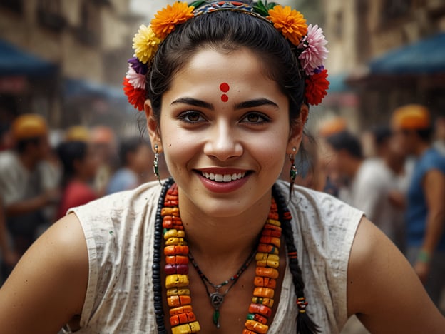 Auf dem Bild ist eine junge Frau zu sehen, die traditionelle Kleidung und Schmuck trägt, was auf eine kulturelle Feier oder ein Fest hindeutet. Solche Feste können in vielen Kulturen gefeiert werden, zum Beispiel:1. **Holi**: Ein indisches Frühlingsfest, das mit Farben gefeiert wird und Freude ausdrückt.2. **Diwali**: Das Lichterfest in Indien, das das Gute über das Böse triumphieren lässt und oft mit festlichen Kleidern und Schmuck gefeiert wird.3. **Folklorefeste**: In vielen Regionen gibt es Feste, die lokale Traditionen, Musik und Tänze feiern.Die bunten Blumen und der Schmuck deuten darauf hin, dass die Frau sich für eine besondere Veranstaltung vorbereitet hat, die mit Freude und Gemeinschaftsgefühl verbunden ist. Solche Feste sind oft geprägt von Tänzen, Musik und festlichem Essen, die eine wichtige Rolle im sozialen Leben der Gemeinschaft spielen.
