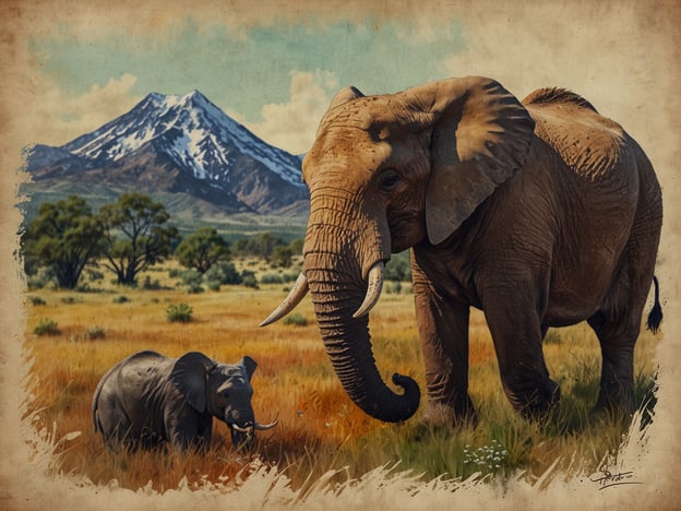 Auf dem Bild sind ein großer Elefant und ein jüngerer Elefant zu sehen, die in einer weiten, offenen Landschaft stehen. Im Hintergrund erhebt sich ein schneebedeckter Berg. Diese Szene vermittelt einen Eindruck von majestätischer Natur und Tierwelt.Im Pantanal, einer der größten Süßwasserfeuchtgebiete der Welt, findet man eine faszinierende Tierwelt. Während Elefanten nicht typischerweise im Pantanal vorkommen, gibt es dort viele andere bemerkenswerte Tierarten wie Jaguare, Capybaras und eine Vielzahl von Vogelarten, die das Ökosystem dort einzigartig machen.