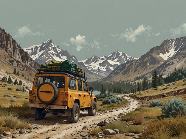 Auf dem Bild sieht man einen gelben Geländewagen, der auf einer schottrigen Straße zwischen beeindruckenden Bergen fährt. Die Umgebung lädt zu verschiedenen Abenteuern ein, wie zum Beispiel:1. **Wandern:** Die majestätischen Berge und die unberührte Natur bieten zahlreiche Wanderwege für jeden Schwierigkeitsgrad.2. **Camping:** Mit dem Gepäck auf dem Dach kann man überall anhalten und ein Lager aufschlagen, um die Natur zu genießen.3. **Fotografie:** Die spektakuläre Landschaft ist perfekt für Naturliebhaber und Fotografen, die die Schönheit der Berge festhalten möchten.4. **Wildtierbeobachtungen:** In dieser Umgebung gibt es oft die Möglichkeit, verschiedene Tiere in ihrem natürlichen Lebensraum zu beobachten.5. **Fahrradtouren:** Die Umgebung eignet sich auch hervorragend für Mountainbiking und Offroad-Abenteuer.Die Landschaft ist ein idealer Ort für Entdeckungsreisen und Naturerlebnisse!