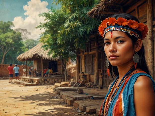 Auf dem Bild ist eine Frau mit traditioneller Kleidung und Accessoires zu sehen, die eine beeindruckende kulturelle Ausstrahlung hat. Der Hintergrund zeigt eine ländliche Szene mit einem Haus, das möglicherweise aus lokal verfügbaren Materialien gebaut wurde, und mehreren Personen, die sich in der Umgebung aufhalten.Die kulturelle Bedeutung von Foz do Iguaçu liegt nicht nur in seiner beeindruckenden Natur, insbesondere den Wasserfällen, sondern auch in der kulturellen Vielfalt der Region. Foz do Iguaçu ist ein Schmelztiegel von Kulturen, in dem indigene Völker, Einwanderer und lokale Gemeinschaften zusammenleben. Die Darstellung von Traditionen, Handwerkskunst und der Erhalt der indigenen Kultur sind ein wichtiger Teil der Identität dieser Region. Solche Bilder sind oft Ausdruck von Stolz und der Aufrechterhaltung des kulturellen Erbes, was für viele Völker in Foz do Iguaçu von großer Bedeutung ist.