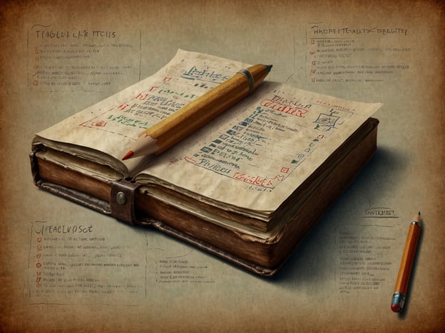 Auf dem Bild ist ein aufgeschlagenes, altes Buch zu sehen, das handschriftliche Notizen und Listen enthält. Ein Bleistift liegt auf dem Buch, und es scheint, als wären verschiedene Themen oder Konzepte aufgeschrieben, die miteinander verbunden sind.### Praktische Tipps für deinen Besuch:1. **Vorbereitung**: Informiere dich im Voraus über die Inhalte des Buches, wenn es sich um ein spezifisches Thema handelt.2. **Notizen machen**: Nimm ein Notizbuch mit, um eigene Gedanken festzuhalten, während du das Buch studierst.3. **Fragen aufschreiben**: Stelle dir Fragen zu den Themen, die dich interessieren, um sie später bei einem Gespräch oder einer Führung anzusprechen.4. **Entspannung**: Nimm dir Zeit, um die Inhalte in Ruhe zu betrachten und zu verstehen. Eile ist oft nicht hilfreich.5. **Interaktion**: Scheue dich nicht, mit anderen Besuchern oder Mitarbeitern ins Gespräch zu kommen, um unterschiedliche Perspektiven zu erfahren.
