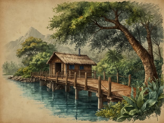 Auf dem Bild ist eine malerische Szene mit einer Holzhütte zu sehen, die auf einem Steg am Wasser steht. Umgeben von üppiger Vegetation und Bergen vermittelt das Bild eine friedliche, naturnahe Atmosphäre.In Bezug auf Nachhaltigkeit und Umweltschutz in Foz do Iguaçu könnte man sagen, dass solche Landschaften eine wichtige Rolle im Erhalt des Regenwaldes spielen. Hier werden Initiativen gefördert, um die Umwelt zu schützen, die Biodiversität zu erhalten und nachhaltigen Tourismus zu unterstützen. Diese Bemühungen sind entscheidend, um die natürlichen Ressourcen der Region für zukünftige Generationen zu bewahren.