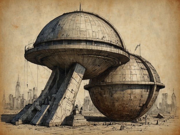 Auf dem Bild sind futuristische, architektonische Strukturen zu sehen, die zwei große, kuppelförmige Gebäude darstellen, die auf massiven, stützenden Pfeilern stehen. Die Konstruktionen wirken außergewöhnlich und unkonventionell, was an die moderne Architektur in Brasília erinnert, die für ihre innovativen und geometrischen Formen bekannt ist.Brasília hat weltweit Bedeutungen, da es als Symbol für die modernen urbanen Planungen und den Brasilianischen Traum steht. Die Stadt inspiriert viele Architekten und Designer, kreative und futuristische Ansätze in der Städteplanung zu verfolgen. Solche Konzepte, wie sie in dem Bild dargestellt sind, könnten eine visuelle Manifestation dieser Inspiration und der Auswirkungen der modernen Architektur widerspiegeln. Die Mischung aus monumentalem Stil und futuristischen Elementen zeigt die Möglichkeit, dass Architektur nicht nur funktional, sondern auch künstlerisch gestaltet werden kann.