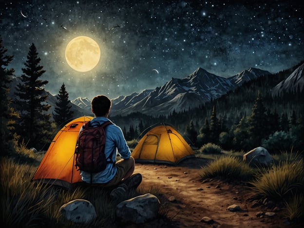 Auf dem Bild ist eine malerische Nachtlandschaft zu sehen, in der ein Camp mit zwei Zelten aufgestellt ist. Ein Mensch sitzt auf dem Boden und betrachtet den klaren Sternenhimmel mit dem leuchtenden, vollständigen Mond.Für Naturliebhaber könnte dies eine Einladung sein, folgende Aktivitäten zu genießen:1. **Zelten**: Zeit im Freien verbringen und die Natur erleben.2. **Sternenhimmel beobachten**: Die Sterne und Planeten in Ruhe beobachten.3. **Wanderungen**: Die umliegenden Berge und Wälder erkunden.4. **Fotografie**: Die Schönheit der Natur und der Nachtlandschaft festhalten.5. **Lagerfeuer**: Gemütliche Abende am Feuer verbringen und Geschichten erzählen.Diese Aktivitäten fördern die Verbindung zur Natur und bieten eine entspannende Auszeit vom Alltag.