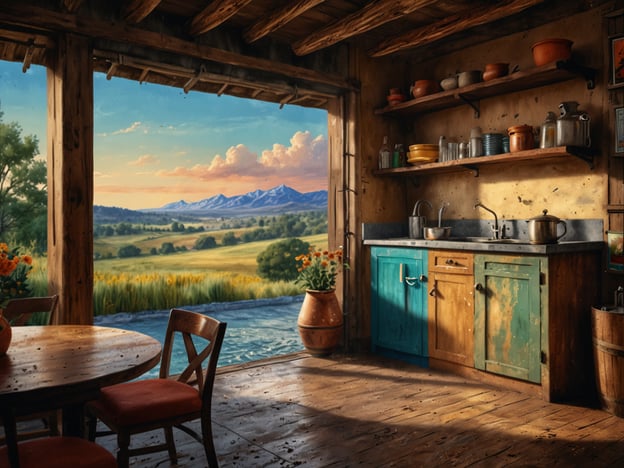 Auf dem Bild ist eine rustikale Küche zu sehen, die durch eine offene Tür einen malerischen Blick auf eine weite Landschaft mit Bergen bietet. Die warme Atmosphäre des Raumes, die Holzmöbel und die Pflanzen am Fenster vermitteln ein Gefühl von Geborgenheit und Naturverbundenheit.Hier sind einige Reisetipps für einen unvergesslichen Aufenthalt in einem ähnlichen Ambiente:1. **Wählen Sie eine ländliche Unterkunft**: Suchen Sie nach einem Ferienhaus oder einer Berghütte, um die Ruhe der Natur zu genießen.2. **Entdecken Sie die Umgebung**: Machen Sie Spaziergänge oder Wanderungen in der Umgebung, um die natürliche Schönheit der Landschaft zu erleben. Halten Sie Ausschau nach malerischen Ausblicken.3. **Lokale Küche genießen**: Bereiten Sie einige traditionelle Gerichte mit regionalen Zutaten zu. Besuchen Sie lokale Märkte, um frische Produkte zu kaufen.4. **Gemütliche Abende**: Richten Sie sich einen gemütlichen Abend mit Kerzenlicht und einem guten Buch ein. Vielleicht können Sie auch ein Lagerfeuer machen und Geschichten erzählen.5. **Aktivitäten in der Natur**: Nutzen Sie die Umgebung für Aktivitäten wie Radfahren, Angeln oder Vogelbeobachtung.6. **Entspannung**: Nehmen Sie sich Zeit für Entspannung – sei es mit einer Tasse Tee auf der Terrasse oder einem Picknick im Freien.Genießen Sie Ihren Aufenthalt und lassen Sie die Schönheit der Natur auf sich wirken!