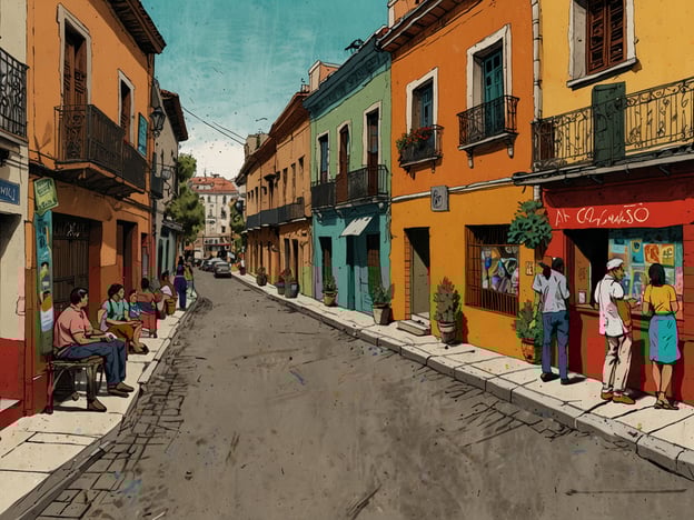 Auf dem Bild sehen wir eine malerische Straßenszene aus Santiago. Bunte Häuser in warmen Farben prägen das Bild und schaffen eine einladende Atmosphäre, die typisch für viele Viertel in der Stadt ist. Auf der linken Seite sitzen mehrere Personen entspannt auf Bänken, was ein Gefühl von Gemeinschaft und Geselligkeit vermittelt.Die Architektur mit den schmiedeeisernen Balkonen und den blühenden Pflanzen in Töpfen spiegelt die kulturelle Vielfalt und das Erbe Santiagos wider. Es scheint, als würde das Leben hier in einem gemächlichen Tempo verlaufen, während einige Menschen am Straßenrand verweilen oder in einem kleinen Geschäft einkaufen. Diese Szene lädt dazu ein, die kulturellen Feinheiten der Stadt zu entdecken und in die lokale Lebensweise einzutauchen.
