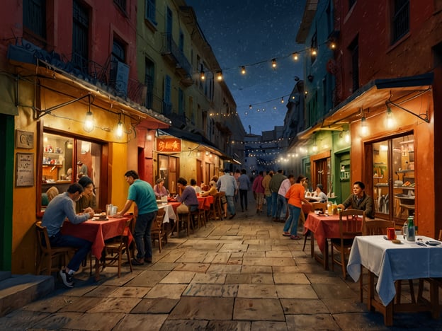 Auf dem Bild ist eine lebhafte Straßenszene in Valparaíso zu sehen, wo mehrere Restaurants und Cafés entlang der bunten Fassaden unter freiem Himmel Tische aufgestellt haben. Die Atmosphäre wird durch warmes, sanftes Licht von Laternen und den Abendhimmel verstärkt.Kulinarisch ist Valparaíso bekannt für seine frischen Meeresfrüchte, die oft in den lokalen Lokalen serviert werden. Ein beliebtes Gericht sind „Mariscos al Pil Pil“, eine schmackhafte Kombination aus Meeresfrüchten in einer würzigen Sauce. Auch die traditionellen „Completo“-Hotdogs und die verschiedenen lokalen Weine sind ein Muss. Die Mischung aus lokaler Kreativität, frischen Zutaten und der einzigartigen Hafenatmosphäre macht die kulinarischen Erlebnisse hier besonders reizvoll.