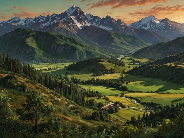 Auf dem Bild ist eine atemberaubende Landschaft mit majestätischen Bergen und einem weiten, grünen Tal zu sehen. Die schneebedeckten Gipfel der Berge im Hintergrund verleihen dem Szenario eine dramatische Ausstrahlung, während das sanfte Licht der Abenddämmerung die Szenerie in warmen Farben taucht.Im Vordergrund erstrecken sich üppige Wiesen und Wälder, durchzogen von einem malerischen Fluss, der sich durch die Landschaft schlängelt. Vereinzelte Gehöfte und landwirtschaftliche Flächen auf den sanften Hügeln vermitteln ein Gefühl von Idylle und menschlicher Besiedlung. Diese harmonische Verbindung von Natur und Menschlichkeit schafft eine friedliche und inspirierende Atmosphäre.