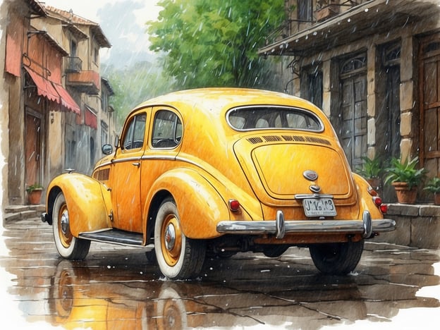 Auf dem Bild ist ein leuchtend gelbes Auto zu sehen, das auf einer regennassen Straße geparkt ist. Die Szenerie wird von sanften Regenschauern begleitet, und die reflektierenden Pfützen auf dem Boden verleihen dem Bild eine besondere Atmosphäre. Im Hintergrund sind malerische Gebäude mit kleinen Balkonen und blühenden Pflanzen zu erkennen, die den Charme eines ruhigen, historischen Ortes ausstrahlen.Die Schönheit des Regens entdeckt man hier durch die harmonische Verbindung von Farben und Licht, die die Umgebung lebendig erscheinen lässt. Die Tropfen, die vom Auto und den Dächern fallen, schaffen eine friedliche Stimmung, während das Gelb des Autos einen fröhlichen Kontrast zur melancholischen Wetterlage bildet.