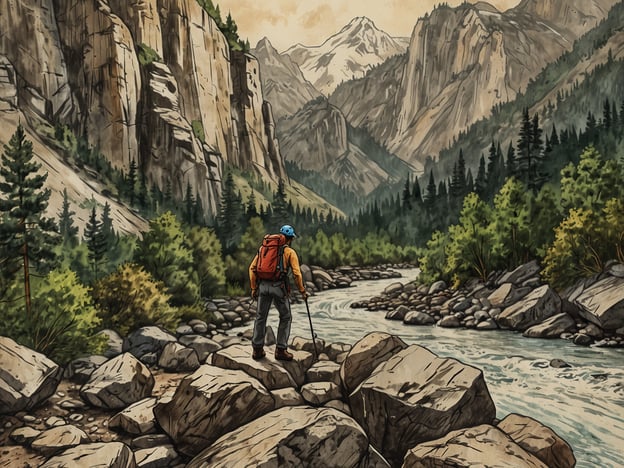 Auf dem Bild ist ein Abenteurer zu sehen, der an einem Fluss steht und die atemberaubende Natur um ihn herum betrachtet. Die Aktivitäten, die für solche Szenarien typisch sind, könnten Folgendes umfassen:1. **Wanderungen** – die Erkundung der umliegenden Berge und Täler.2. **Klettern** – die herausfordernden Felsen und steilen Wände erkunden.3. **Wildwasser-Rafting** – an dem Fluss paddeln und die Strömung genießen.4. **Fotografie** – die spektakulären Landschaften festhalten.5. **Campen** – die Nacht in der Natur verbringen und den Sternenhimmel beobachten.Diese Aktivitäten bieten großartige Möglichkeiten, die Schönheit der Natur zu erleben und Abenteuerlust zu spüren.