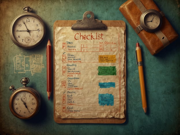 Auf dem Bild ist eine Checkliste auf einem Clipboard zu sehen, umgeben von verschiedenen Uhren und Schreibmaterialien. Die Checkliste enthält verschiedene Kategorien wie "Das", "Essen", "Anschlüsse", "Doktor" und "Geld".**Praktische Tipps für deinen Besuch:**1. **Vorbereitung:** Stelle sicher, dass du alle notwendigen Dinge auf deiner Checkliste abhakt, bevor du losgehst.2. **Zeiteinteilung:** Nutze die Uhren, um deine Zeit gut zu planen. Achte auf pünktliches Ankommen.3. **Notizen machen:** Verwende den Bleistift oder den Kugelschreiber, um während des Besuchs wichtige Informationen aufzuschreiben.4. **Gesundheitsversorgung:** Wenn du zu einem Arzt gehst, bringe relevante Unterlagen mit.5. **Finanzen planen:** Achte auf Bargeld und Zahlungsmethoden, um unerwartete Situationen zu vermeiden.Viel Erfolg bei deinem Besuch!
